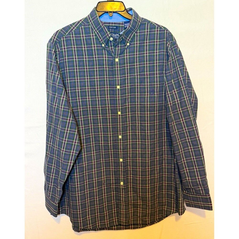 Chaps Men's XLT Big & Tall Blue/Green/Purple/White Plaid Easy Care LS Shirt